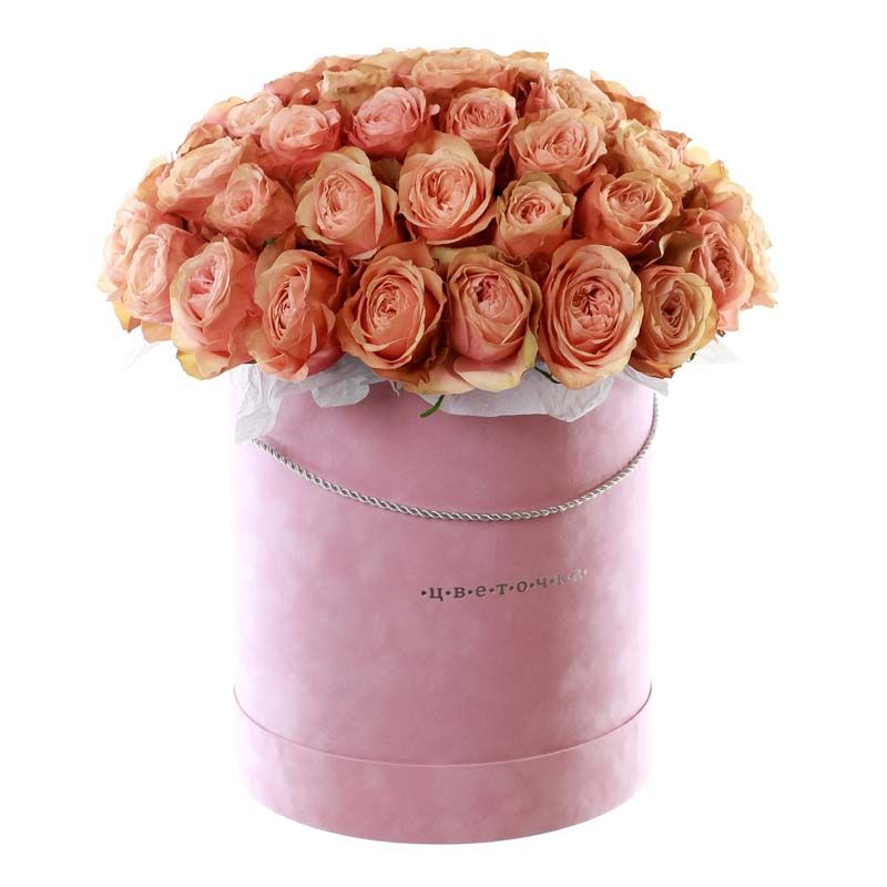 Букет из 51 пионовидной розы в шляпной коробке №654 (розовая)