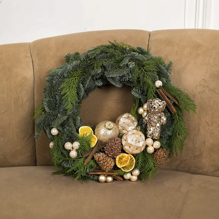 Рождественская композиция венок бежевый №2310